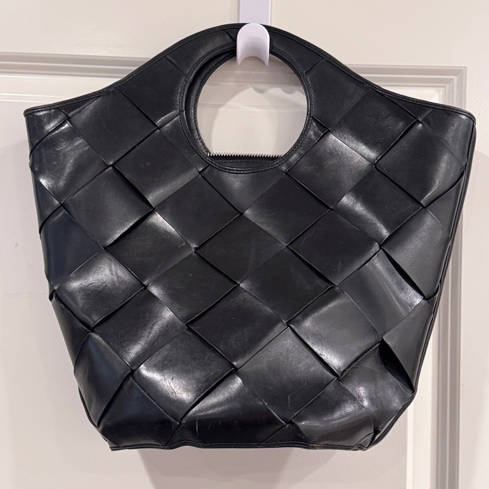ELIZABETH & JAMES WOVEN TOTE BLACK IMPORTED LEATHER HANDBAG